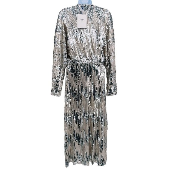 Zara Silver Sequin Maxi Dress Dolman Long Sleeve Metallic Blogger Fave Small - Picture 5 of 16